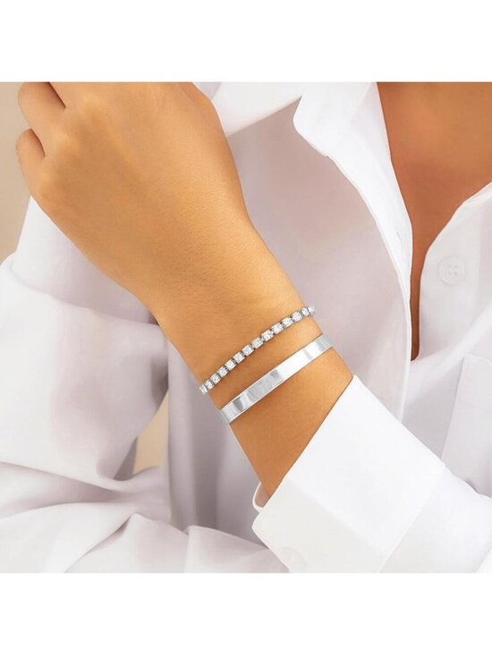 Women\'s Silver Jewelry Stainless Steel Diamond Bangle Bracelets Set Square Watch main image 7